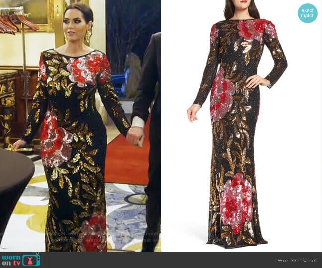 Mac Duggal Drape Back Floral Sequin Gown worn by D’Andra Simmons on The Real Housewives of Dallas
