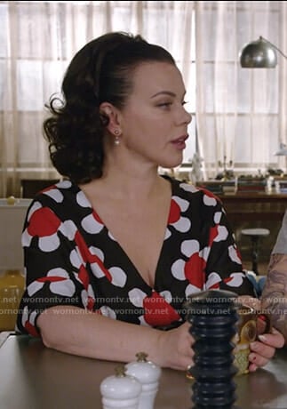 Maggie’s black floral wrap dress on Younger