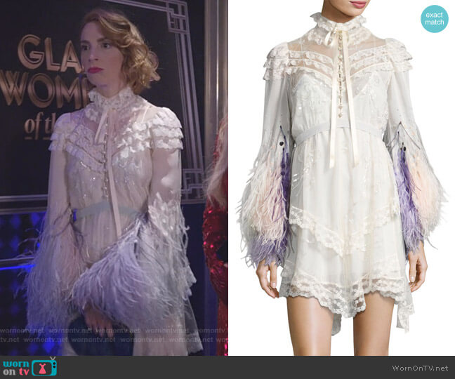 Marc Jacobs Feather-Embellished Lace Mini Dress worn by Lauren (Molly Bernard) on Younger