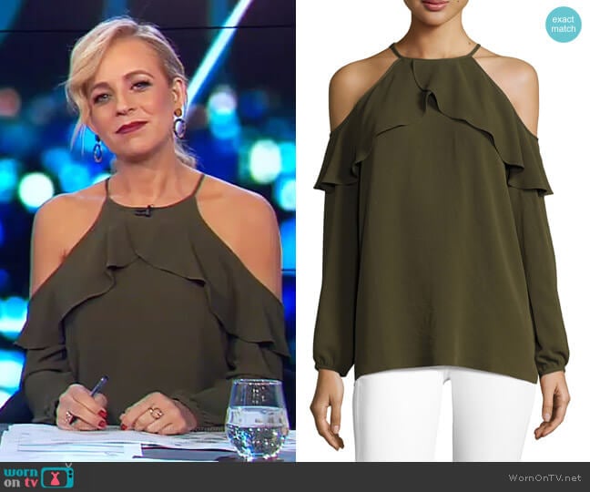 Michael Michael Kors Long-Sleeve Cold-Shoulder Knit Flounce Top worn by Carrie Bickmore on The Project
