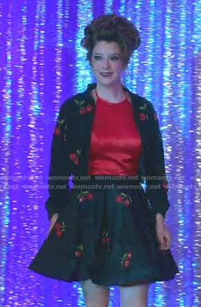Nonnie’s black cherry embellished jacket and skirt on Insatiable