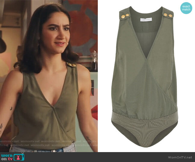 Pierre Balmain Wrap-effect button-detailed crepe de chine bodysuit worn by Adena El-Amin (Nikohl Boosheri) on The Bold Type