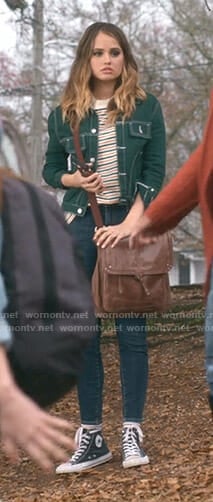 Patty’s striped tee and green denim jacket on Insatiable