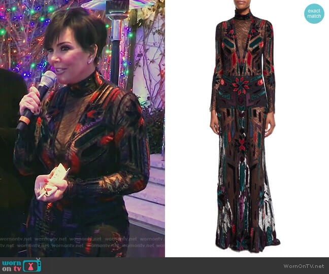 Roberto Cavalli Long-Sleeve Illusion Gown worn by Kris Jenner on Keeping Up with the Kardashians