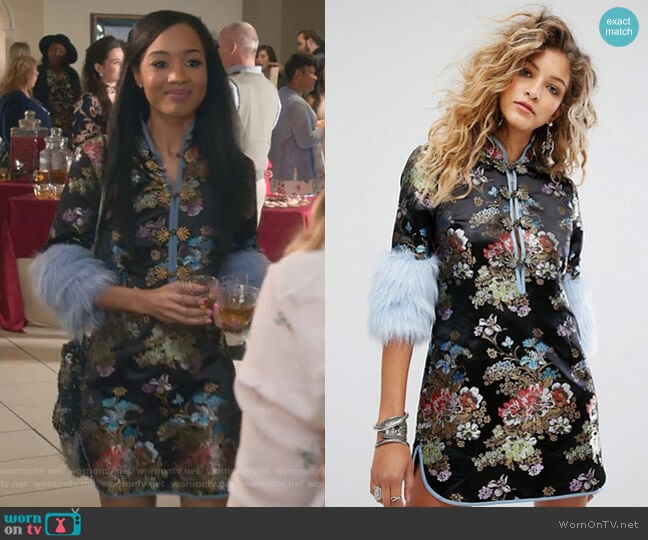 Sacred Hawk Satin Brocade Dress With Faux Fur Cuffs worn by Magnolia Barnard (Erinn Westbrook) on Insatiable