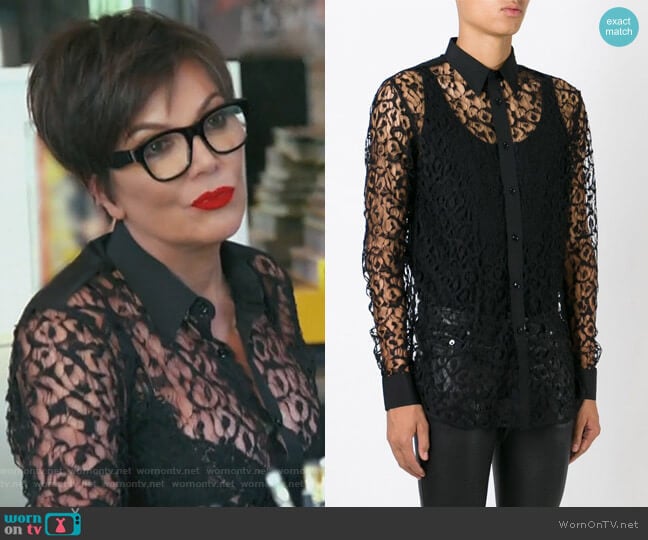 Saint Laurent sheer lace shirt worn by Kris Jenner on Keeping Up with the Kardashians