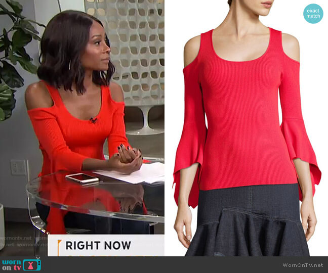 Scripted Ribbed Cold-Shoulder Bell-Sleeve Sweater worn by Zuri Hall on E! News