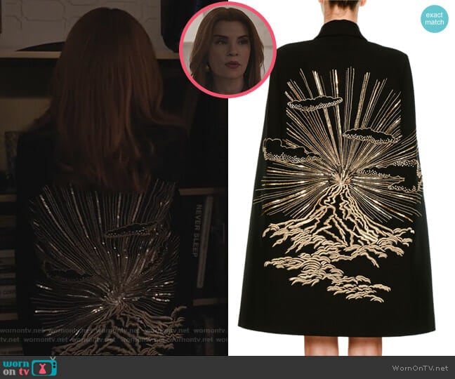 Stella McCartney Wool Coat Cape with Volcano Embroidered Back worn by Kitty Montgomery (Julianna Margulies) on Dietland