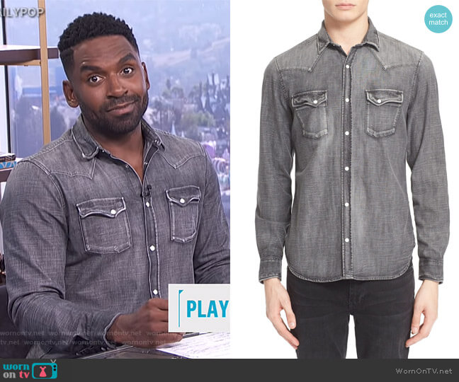 The Kooples Trim Fit Denim Western Shirt worn by Justin Sylvester on E! News