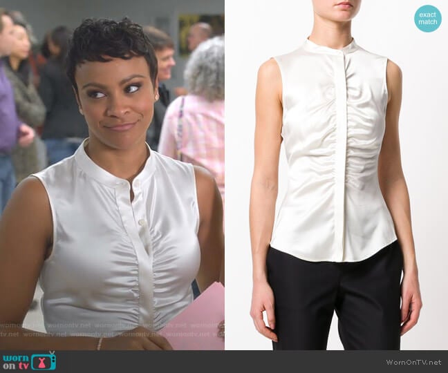 Theory Gathered Sleeveless Blouse worn by Etta Mae Barnard (Carly Hughes) on Insatiable