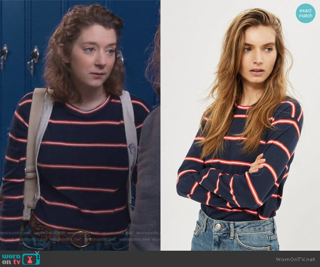 Topshop Colour Striped Long Sleeve Crew Neck T-Shirt worn by Nonnie Thompson (Kimmy Shields) on Insatiable