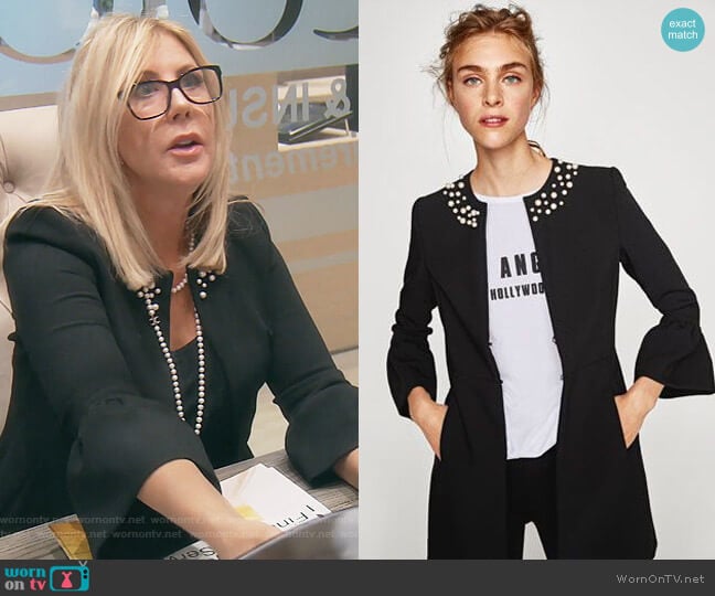 Zara Frock Coat with Faux Pearls Jacket worn by Vicki Gunvalson on The Real Housewives of Orange County