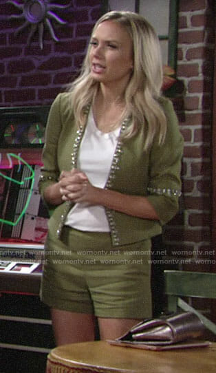 Abby’s green embellished linen jacket and shorts on The Young and the Restless