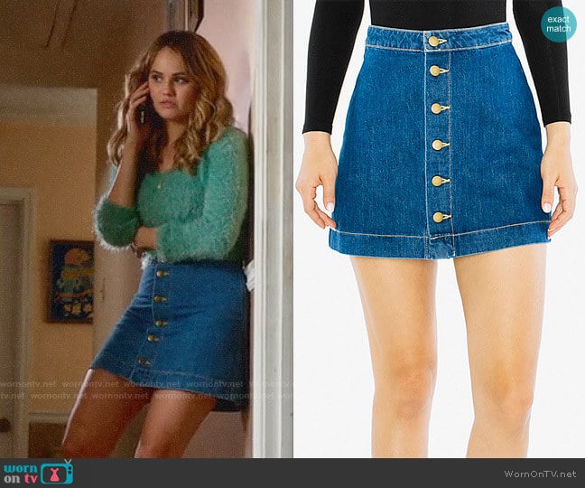 American Apparel Denim Button Front A-Line Mini Skirt worn by Patty Bladell (Debby Ryan) on Insatiable