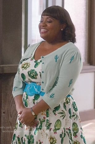 Anne’s succulent dress and cactus print cardigan on Trial and Error