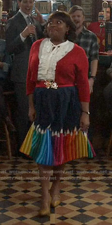 Anne’s colored pencils print skirt on Trial and Error