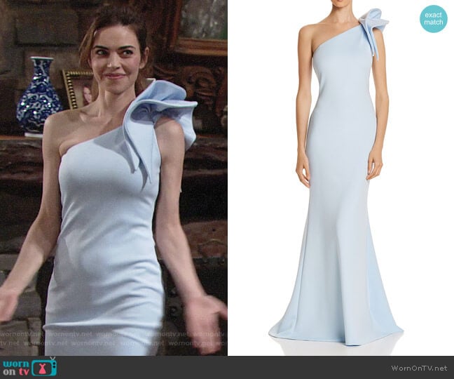 Aqua One Shoulder Scuba Gown worn by Victoria Newman (Amelia Heinle) on The Young and the Restless