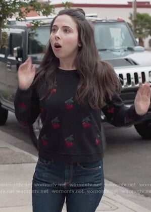 Esther’s black cherry embroidered sweatshirt on Alone Together