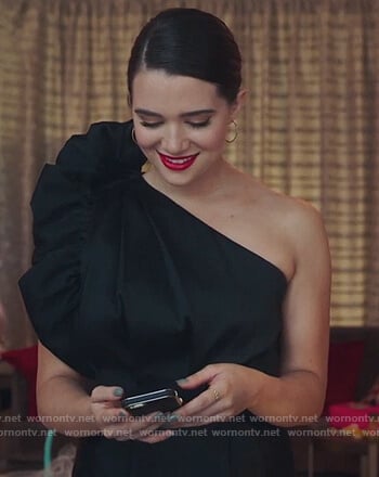 Jane’s black one ruffle shoulder mini dress on The Bold Type