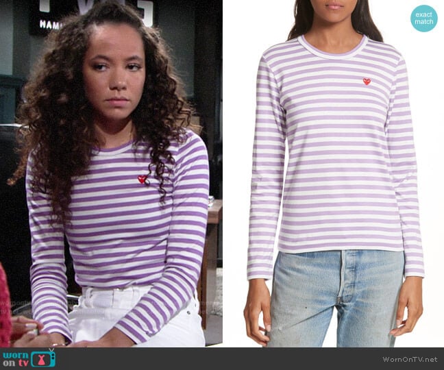 Comme des Garcons PLAY Stripe Tee in Purple worn by Mattie Ashby (Lexie Stevenson) on The Young and the Restless