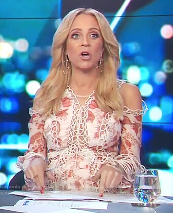 Carrie’s floral lace cold shoulder dress on The Project
