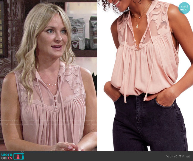 Free People Western Romance Tank in Pink worn by Sharon Newman (Sharon Case) on The Young and the Restless