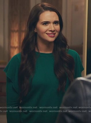 Jane’s green ruffle shoulder sweater on The Bold Type