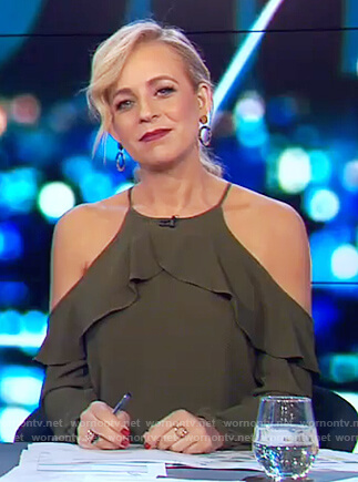 Carrie’s green halter neck long sleeve top on The Project
