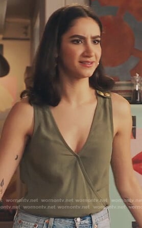 Adena’s green button shoulder bodysuit on The Bold Type