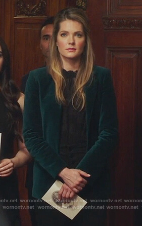 Sutton’s green velvet blazer and black sheer top on The Bold Type