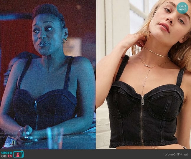 Guess Zip Front Denim Bustier worn by Issa Dee (Issa Rae) on Insecure
