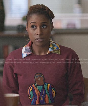 Issa’s patchwork print shirt and sweatshirt on Insecure