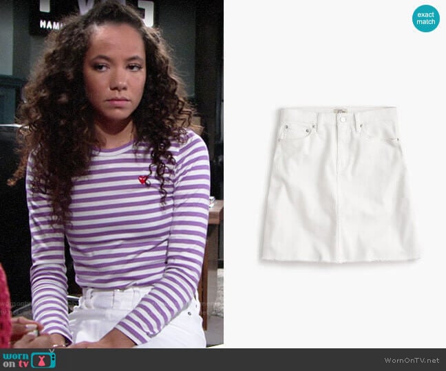 J. Crew White denim skirt with raw hem worn by Mattie Ashby (Lexie Stevenson) on The Young and the Restless