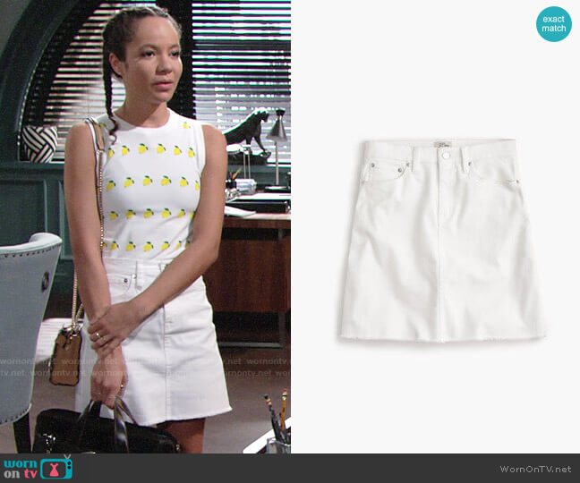 J. Crew White denim skirt with raw hem worn by Mattie Ashby (Lexie Stevenson) on The Young and the Restless