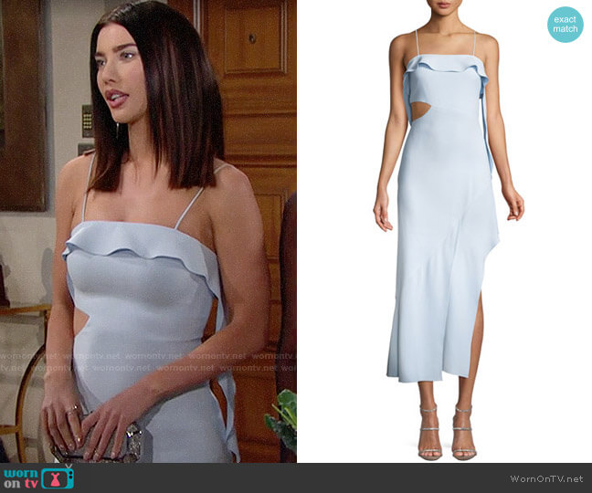 Jonathan Simkhai Cutout High-Low Ruffle Cocktail Dress worn by Steffy Forrester (Jacqueline MacInnes Wood) on The Bold and the Beautiful