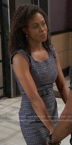 Jordan’s blue tweed sheath dress on General Hospital