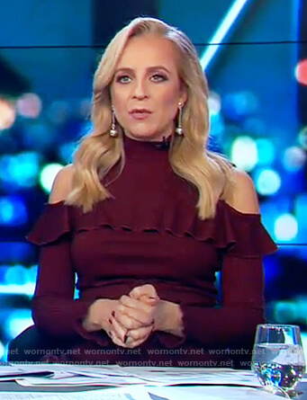 Carrie’s maroon cold shoulder mini dress on The Project