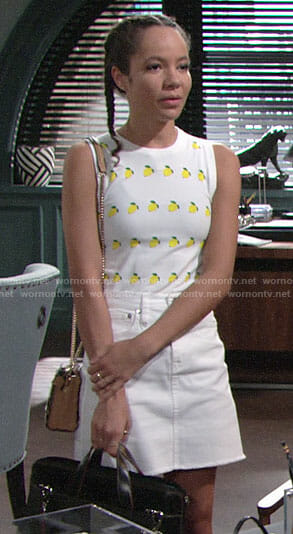 Mattie’s lemon print top and white skirt on The Young  and the Restless
