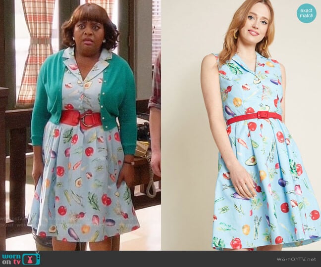 It's an Inspired Taste Cotton Shirt Dress in Veggies from ModCloth worn by Anne Flatch (Sherri Shepherd) on Trial and Error