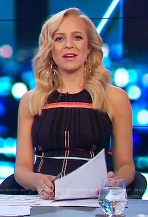 Carrie’s navy striped sleeveless dress on The Project