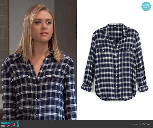 Paige Trudy Shirt in Barlow Dark Ink Blue & Indigo Royal worn by Kiki Jerome (Hayley Erin) on General Hospital