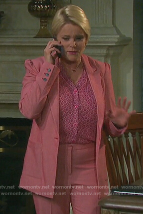 Adrienne’s pink suit and printed blouse on Days of our Lives