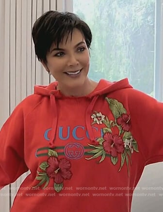 Kris’s red Gucci floral embroidered hoodie on Keeping Up with the Kardashians