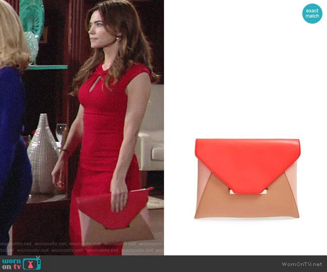 Sole Society Colorblock Faux Leather Envelope Clutch worn by Victoria Newman (Amelia Heinle) on The Young and the Restless