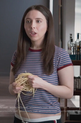 Esther’s blue striped cropped tee on Alone Together