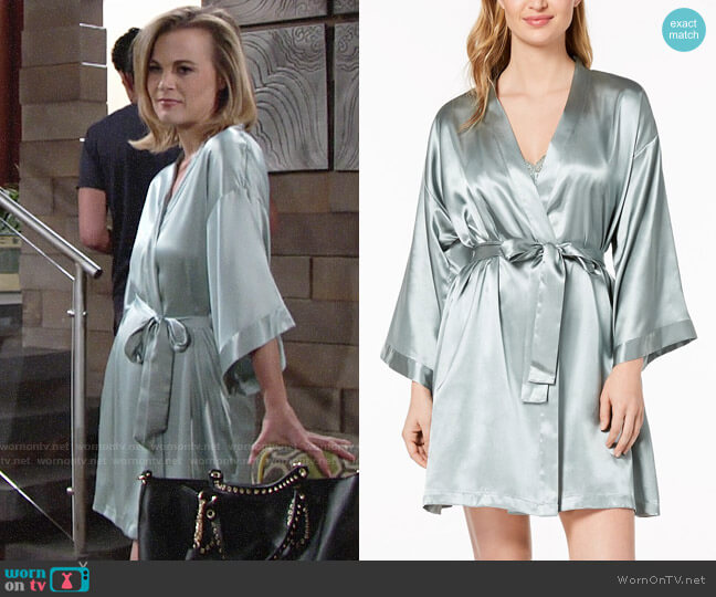 Thalia Sodi Satin Kimono Wrap in Green Dust worn by Phyllis Newman (Gina Tognoni) on The Young and the Restless