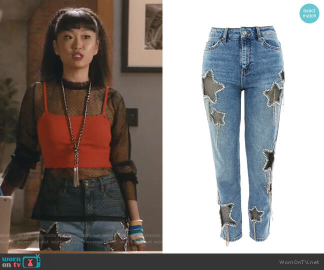 Topshop Bleach Diamante Star Jeans worn by Monica (Alice Lee) on Take Two