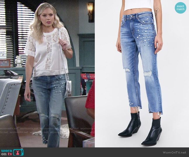 Zara Z1975 Jeans with Pearl Beads on the Hems worn by Abby Newman (Melissa Ordway) on The Young and the Restless