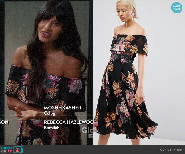 ASOS Bardot Midi Dress in Floral Print worn by Tahani Al-Jamil (Jameela Jamil) on The Good Place