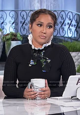 Adrienne’s black ruffled stand collar dress on The Real